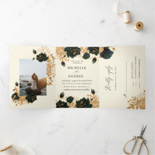Aquarell Gold Rose Tri-Fold Hochzeit Einladung