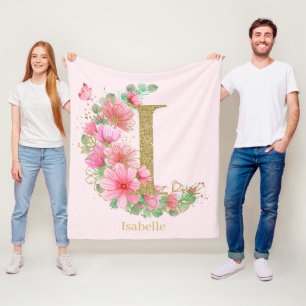 Aquarell-Gold- und Blumenmonogramm Buchstabe I Fleecedecke