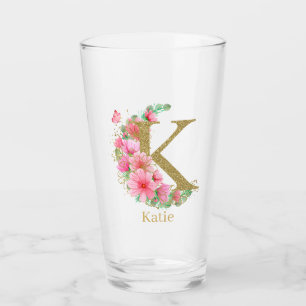 Aquarell-Gold- und Blumenmonogramm Buchstabe K Glas