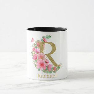 Aquarell-Gold- und Blumenmonogramm Buchstabe R Tasse