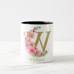 Aquarell-Gold- und Blumenmonogramm Buchstabe W Zweifarbige Tasse
