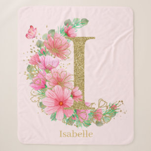 Aquarell-Gold und florales Monogramm Buchstabe I Sherpadecke