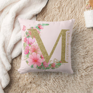Aquarell Gold und Florales Monogramm Buchstabe M Kissen