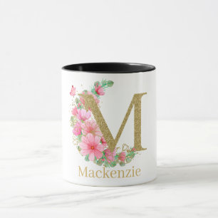 Aquarell Gold und Florales Monogramm Buchstabe M Tasse