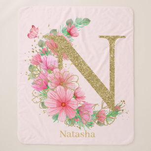 Aquarell-Gold und florales Monogramm Buchstabe N Sherpadecke