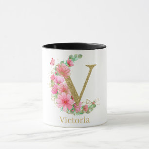 Aquarell-Gold und florales Monogramm Buchstabe V Tasse