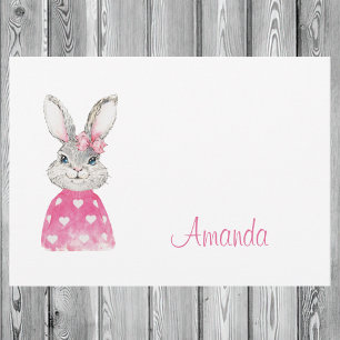 Aquarell Grauer Hase Rosa Schleife Personalisiert Mitteilungskarte
