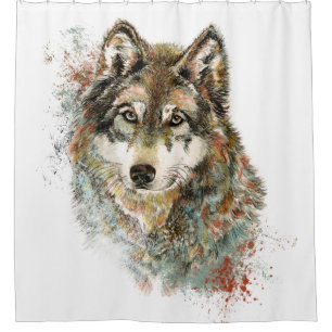 Aquarell Grauer Wolf Landschaft Duschvorhang