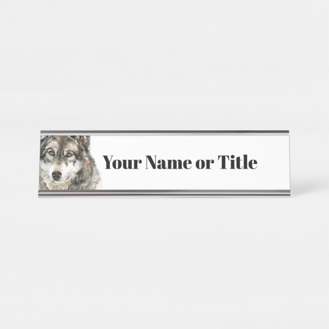 Aquarell Grauer Wolf Liebe Wolves Art Schreibtischnamensplakette (Vorderseite )