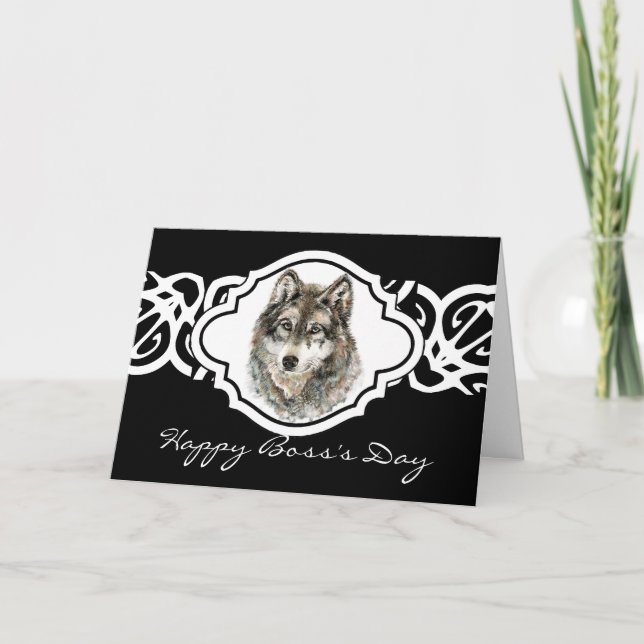 Aquarell-grauer Wolf-Tier des glücklichen Chefs Karte (Vorderseite)