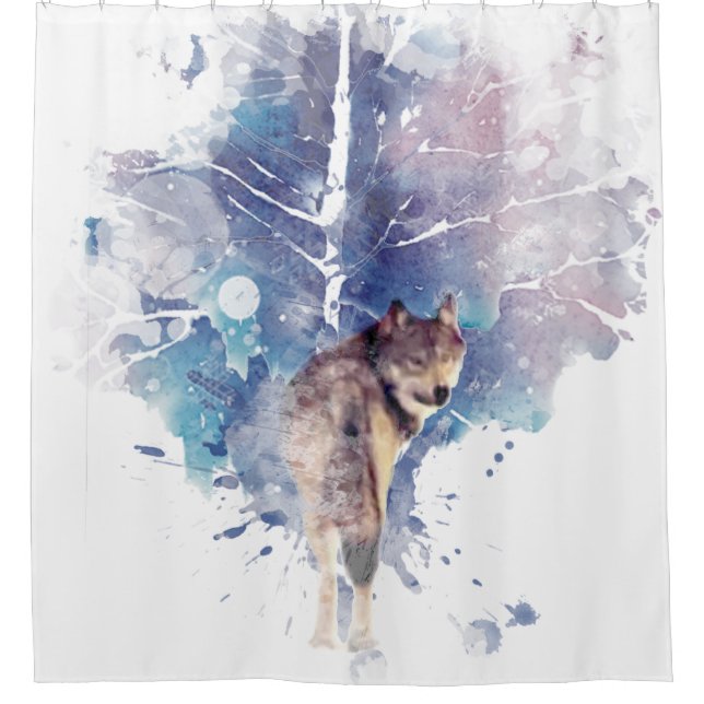 Aquarell Grauer Wolf Wildnis Duschvorhang (Vorderseite)