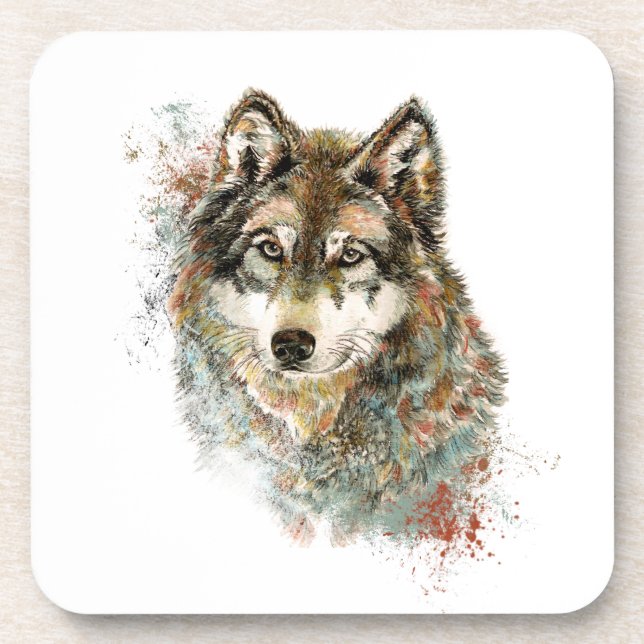 Aquarell Grauer Wolf Wildnis Getränkeuntersetzer (Vorderseite)