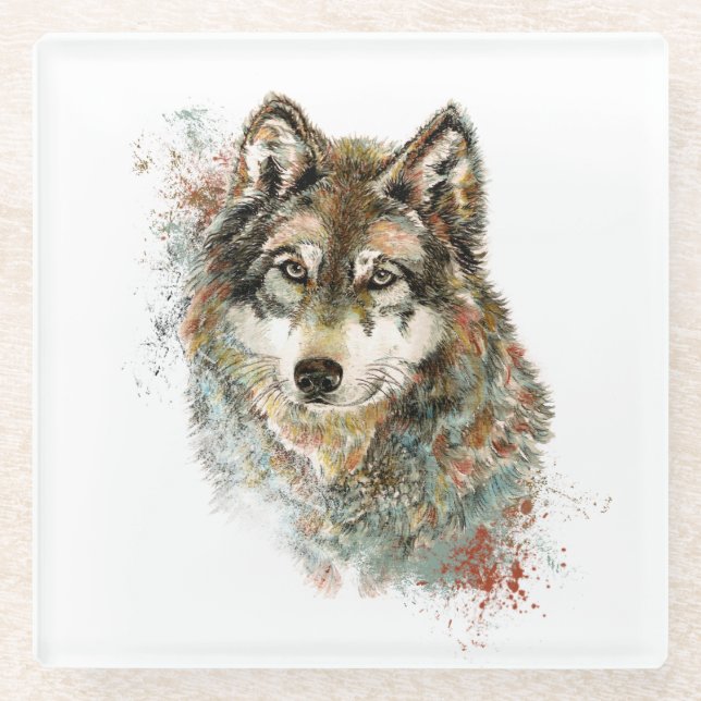 Aquarell Grauer Wolf Wildnis Glasuntersetzer (Vorderseite)