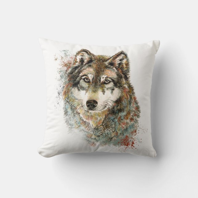 Aquarell Grauer Wolf Wildnis Kissen (Vorderseite)