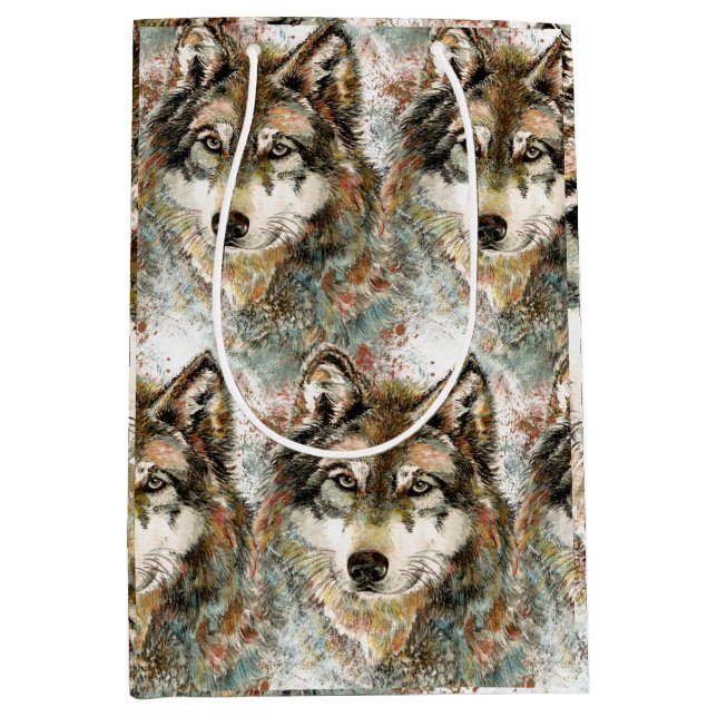 Aquarell Grauer Wolf Wildnis Mittlere Geschenktüte (Vorderseite)