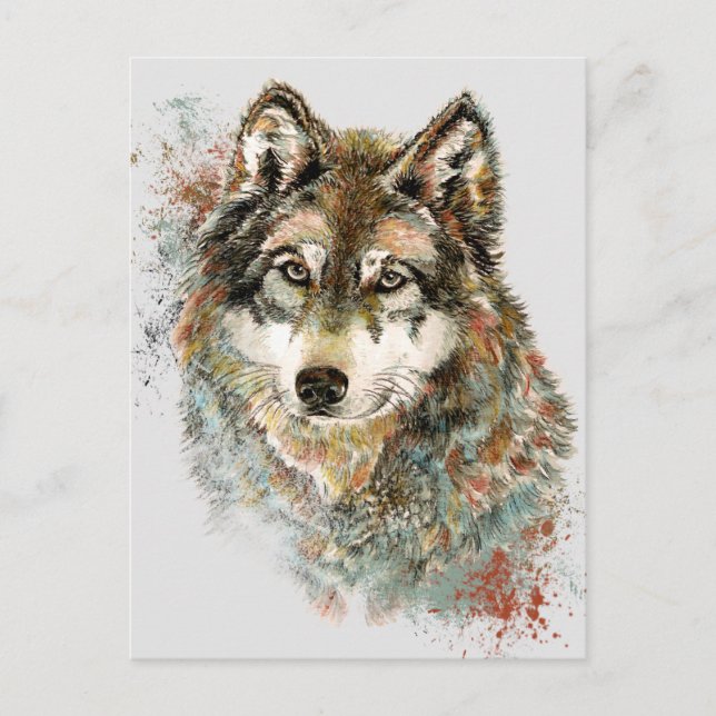 Aquarell Grauer Wolf Wildnis Postkarte (Vorderseite)