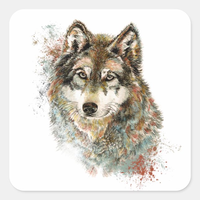 Aquarell Grauer Wolf Wildnis Quadratischer Aufkleber (Vorderseite)