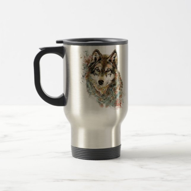 Aquarell Grauer Wolf Wildnis Reisebecher (Links)