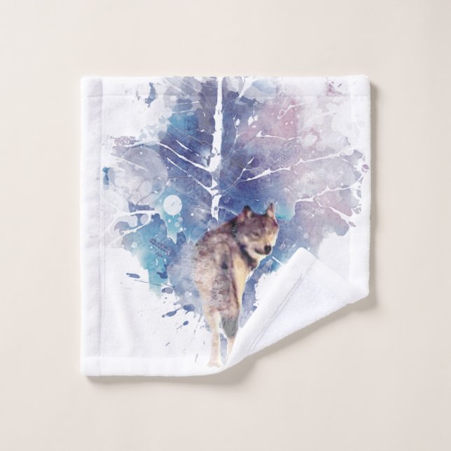 Aquarell Grauer Wolf Wildnis Waschlappen (Waschlappen)