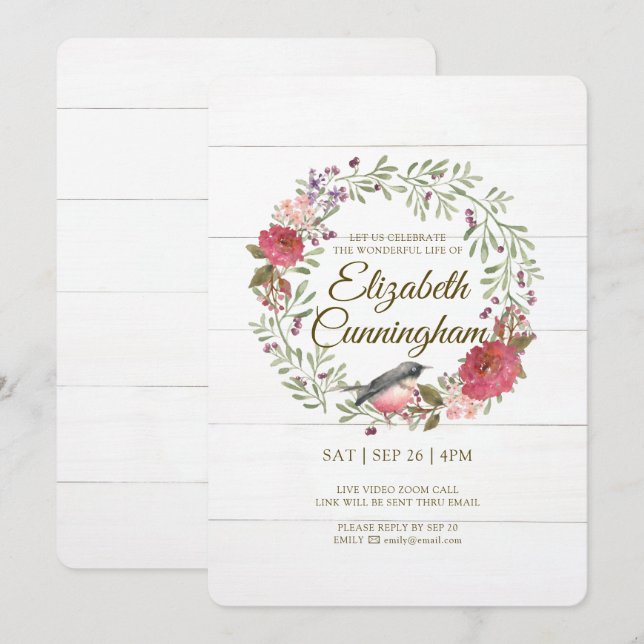 Aquarell Green Foliage Bird Virtual Memorial Einladung (Vorne/Hinten)