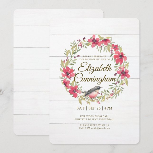 Aquarell Green Foliage Bird Virtual Memorial Einladung (Vorne/Hinten)