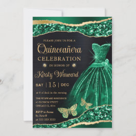Aquarell Green Gold Glitzer Dress Quinceanera Einladung