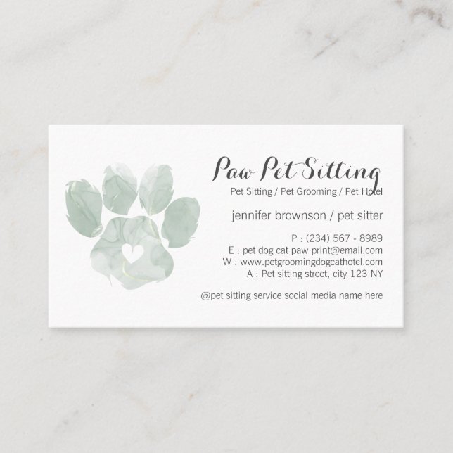 Aquarell GREEN Pet Sitter Grooming Paw Visitenkarte (Vorderseite)