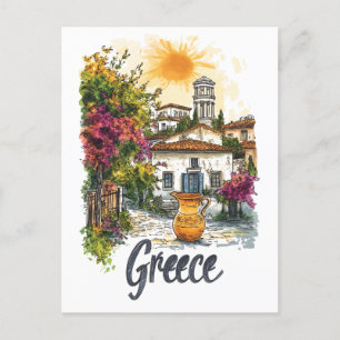 Aquarell Griechenland: Dorfbilder mit Blume Postkarte