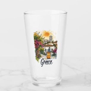 Aquarell Griechenland: Dorfszene mit Blumen Glas