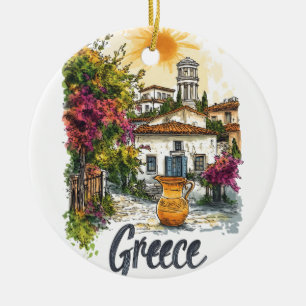 Aquarell Griechenland: Dorfszene mit Blumen Keramik Ornament