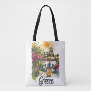 Aquarell Griechenland: Dorfszene mit Blumen Tasche