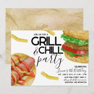Aquarell Grill Burger Pommes Frites Hot Dog Party  Einladung