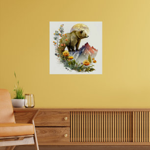 Aquarell Grizzlybär Berge Blumen Mond Poster