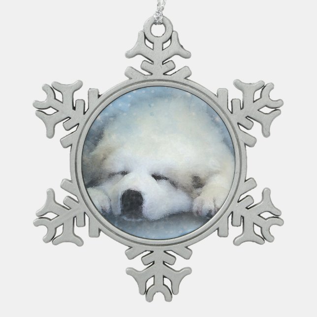 Aquarell-große Pyrenäen-Schlafenwelpe Schneeflocken Zinn-Ornament (Vorderseite)