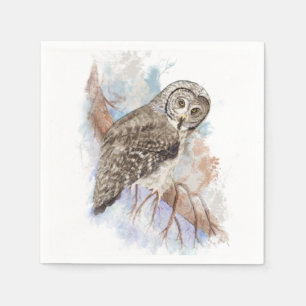 Aquarell-großes Grau-Eulen-Vogel-Natur-Kunst Serviette