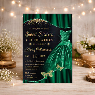 Aquarell Grün Gold Glitzer Kleid Sweet Sixteen Einladung
