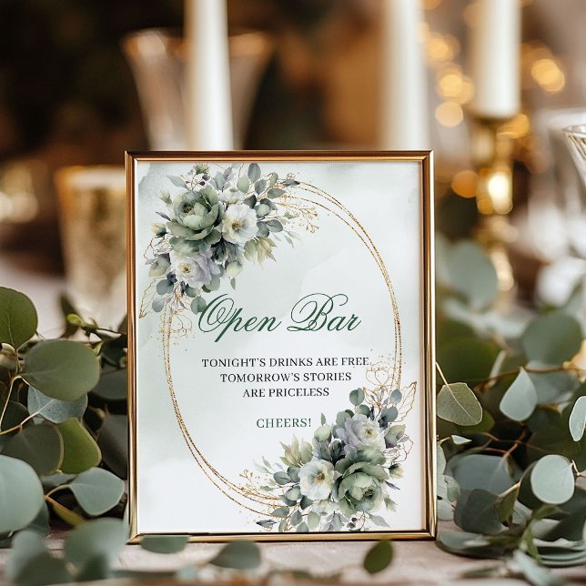 Aquarell-Grün-Gold-Open-Bar-Tischschild Poster (Watercolor Greenery Gold Open Bar Tabletop Sign)