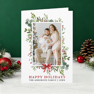 Aquarell Grün Happy Holidays Roter Schleifen Falz Feiertagskarte