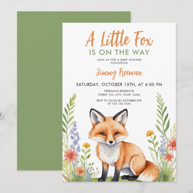 Aquarell Grün und Braun Niedlich Fox Babydusche Einladung (Vorne/Hinten)