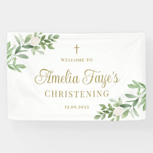 Aquarell Grün und weiße Blumen Taufe Banner