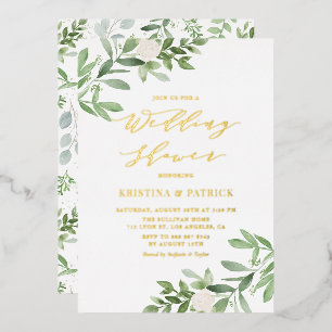 Aquarell Grün Weiß Blumen Hochzeitsdusche Folieneinladung