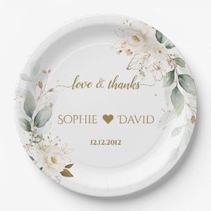 Aquarell Grün Weiß Floral Gold Hochzeit Pappteller