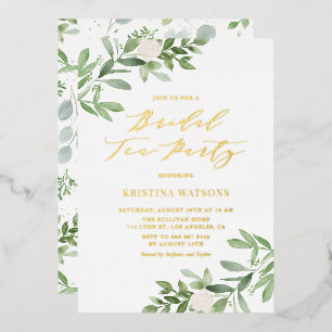 Aquarell Grün Weiße Blumen Braut-Teeparty Folieneinladung