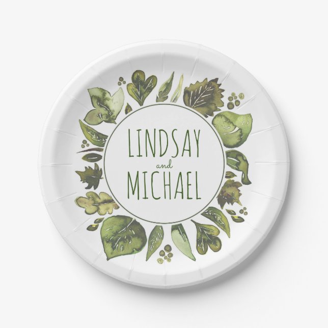 Aquarell-Grün winden rustikale Waldhochzeit Pappteller (Vorderseite)