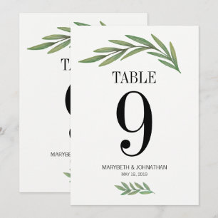 Aquarell-Grünblatt-Hochzeit-Tischnummer-Karte Einladung