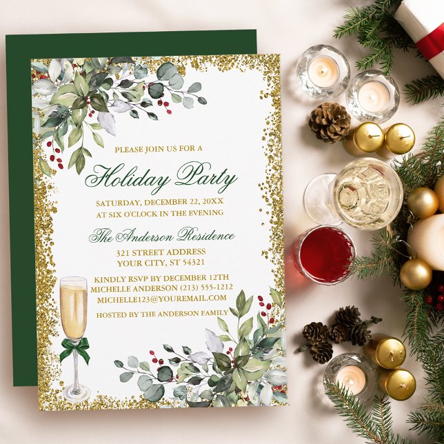 Aquarell Grüne Berries Glitzer Holiday Party Einladung (Customize to change text color, size, style or to change color of back of card.)