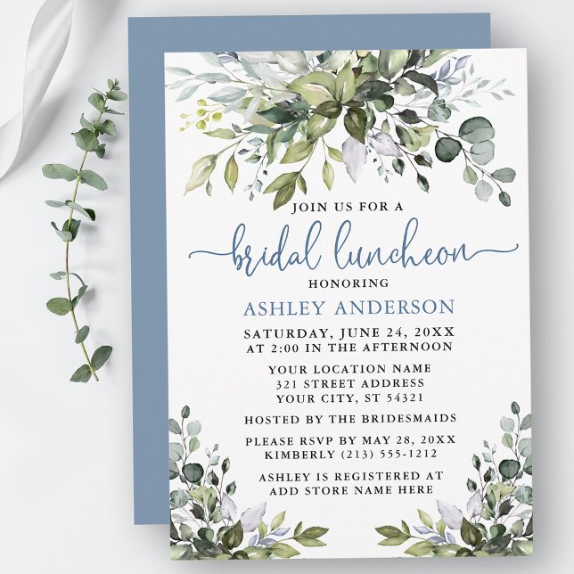 Aquarell Grüne Dusty Blue Bridal Luncheon Einladung (Customize to change your personalized text color, text style or color of back of card.)
