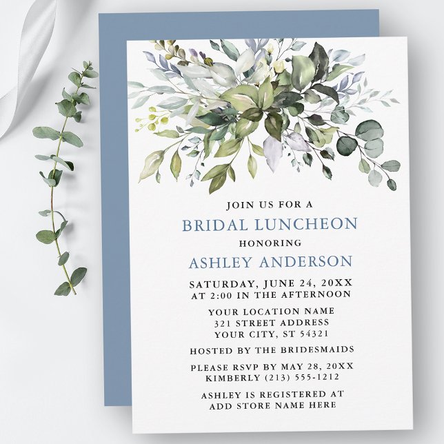 Aquarell Grüne Dusty Blue Bridal Luncheon Einladung (Customize to change text color, text style or color of back of card.)