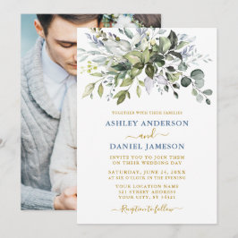 Aquarell Grüne Dusty Blue Foto GoldWedding Einladung