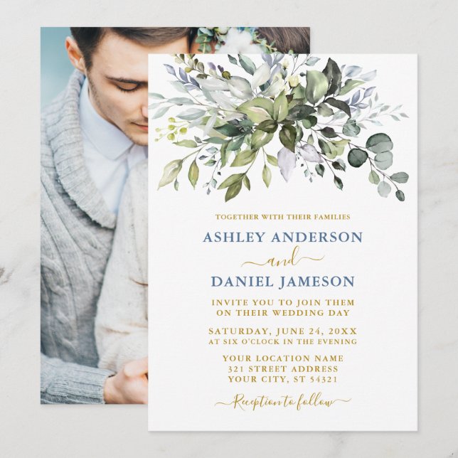 Aquarell Grüne Dusty Blue Foto GoldWedding Einladung (Vorne/Hinten)